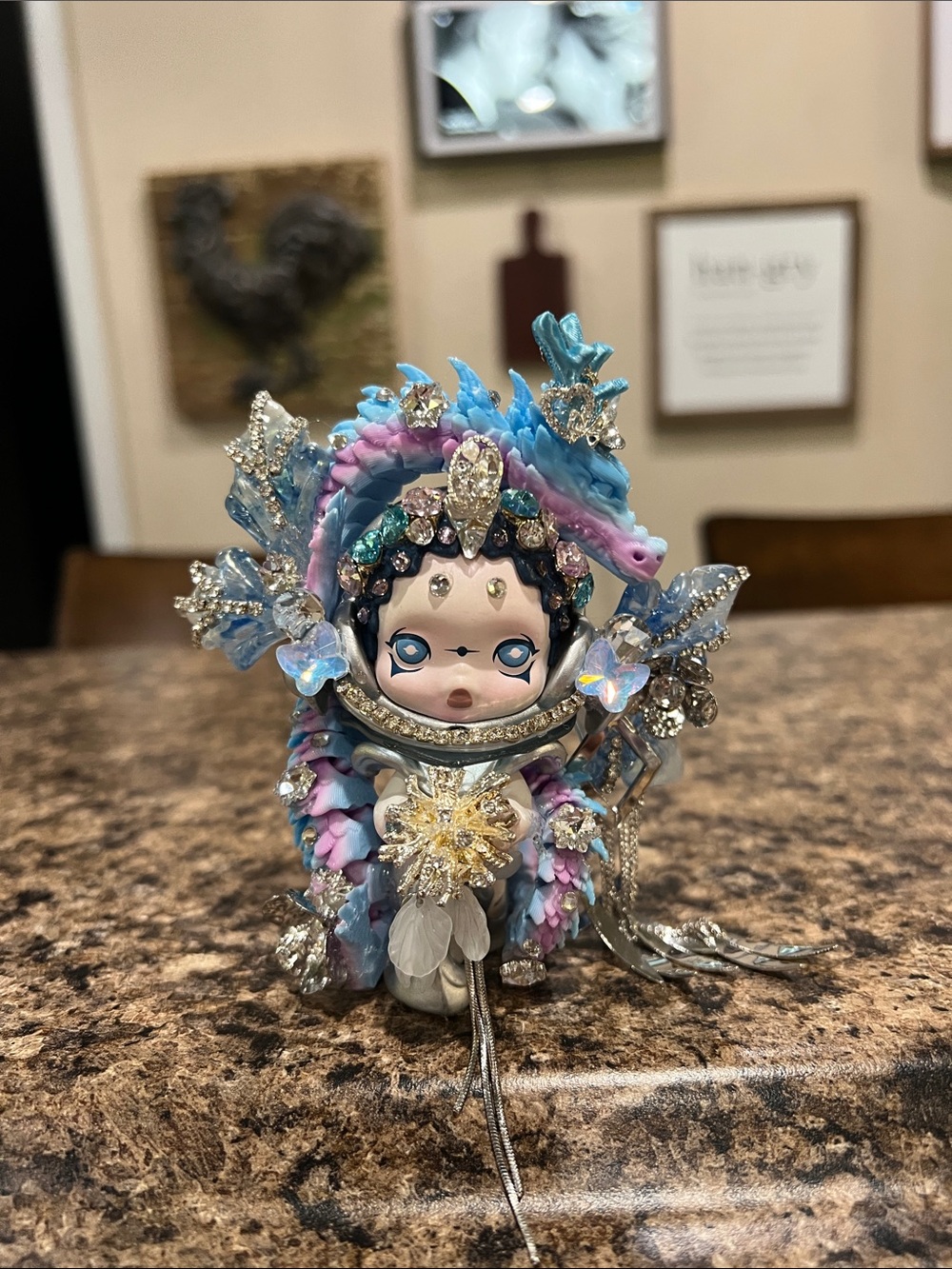 Skull Panda Custom Handcrafted Pastel Blue & Pink Figurine with Crystal Accents